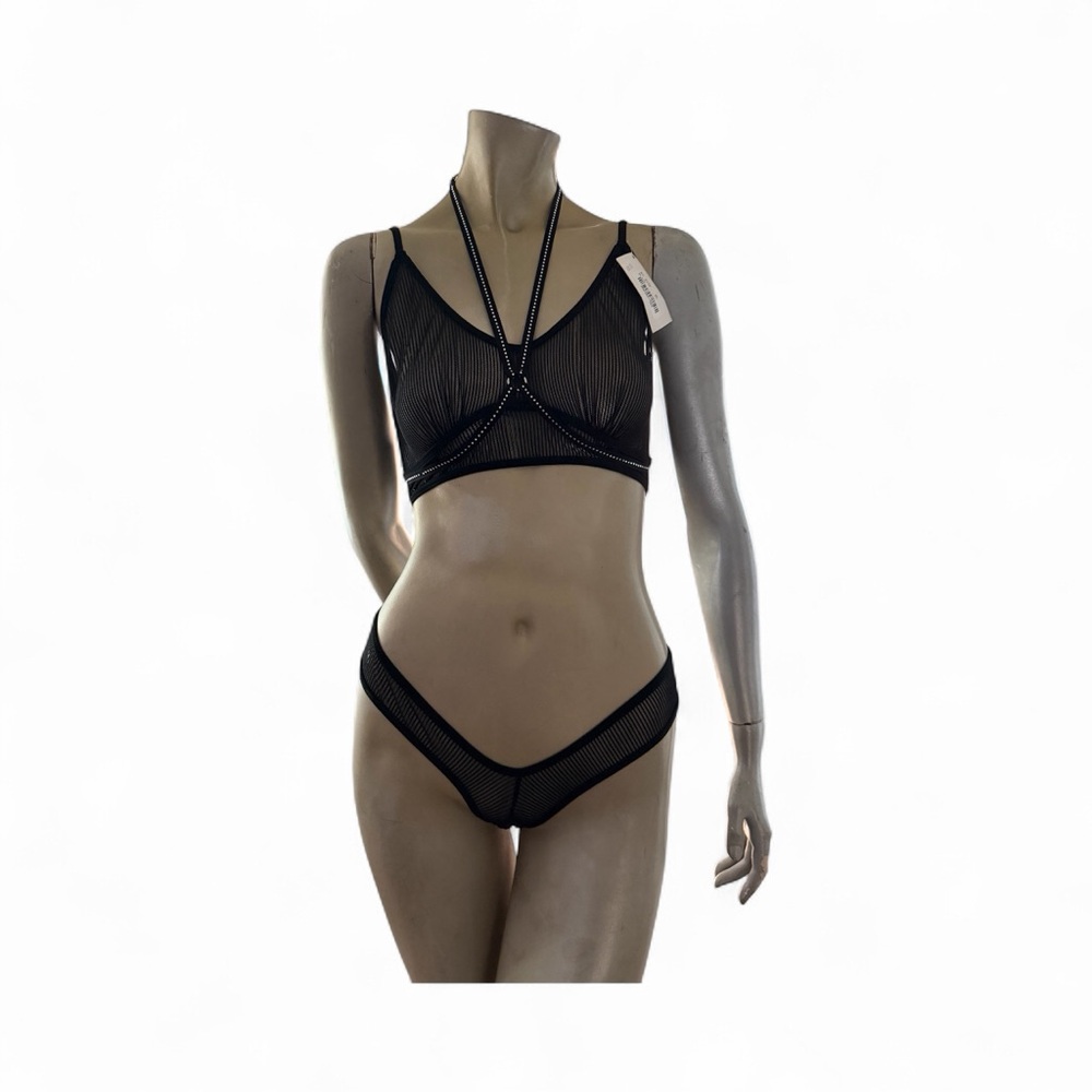 Escante Black Mesh Bralette and Crotchless Panty Set- Xl